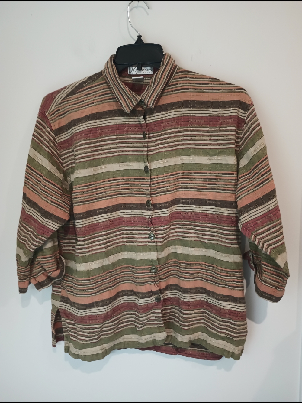 Dressbarn Woman 1X Button Front Shirt Striped Earth Tone Cotton Boho Textured